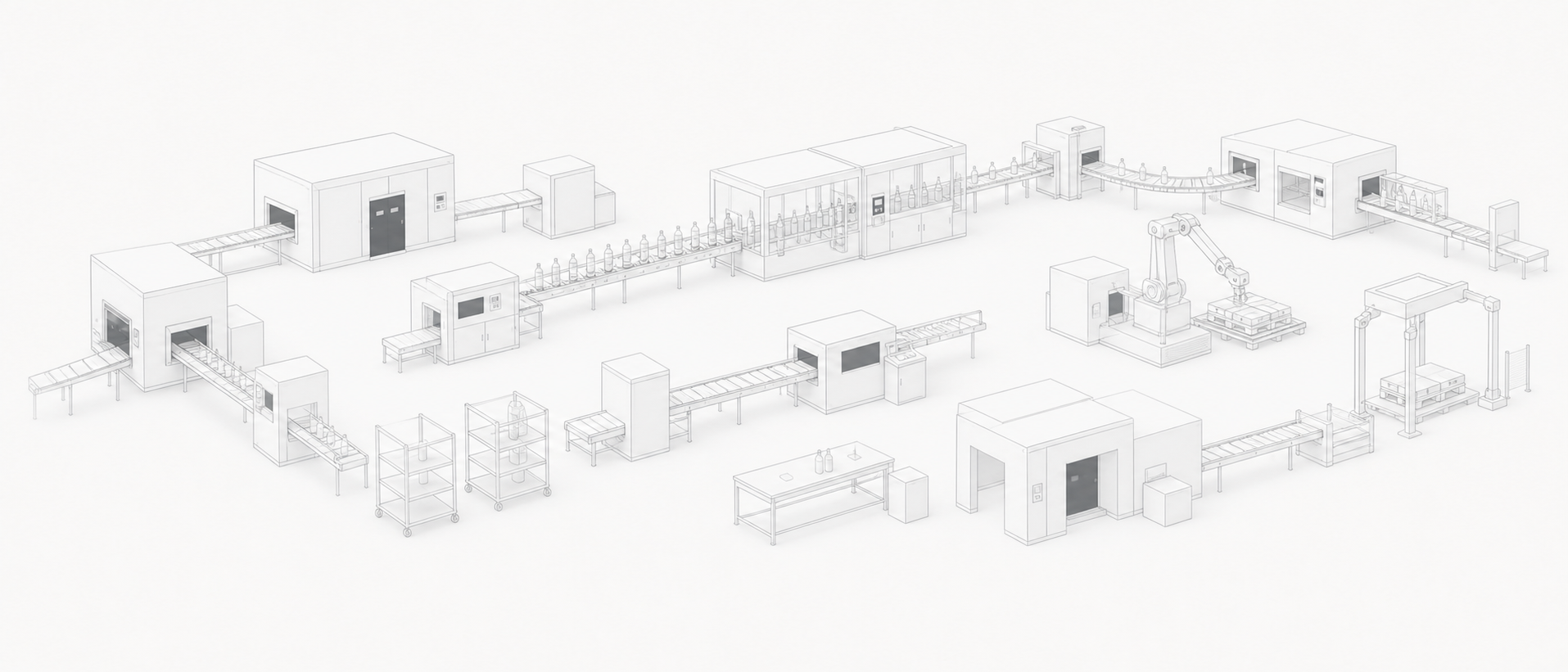 Wide illustration of a factory floor with packaging, maintenance, and quality work areas
