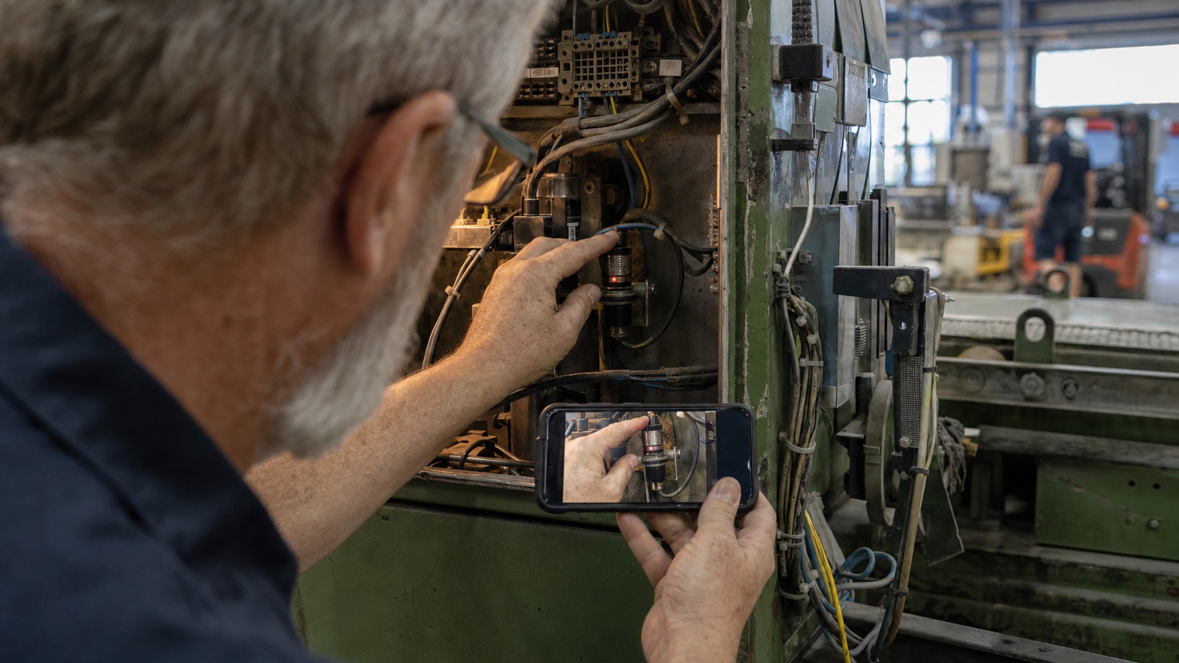Senior technician recording a repair on a phone while working