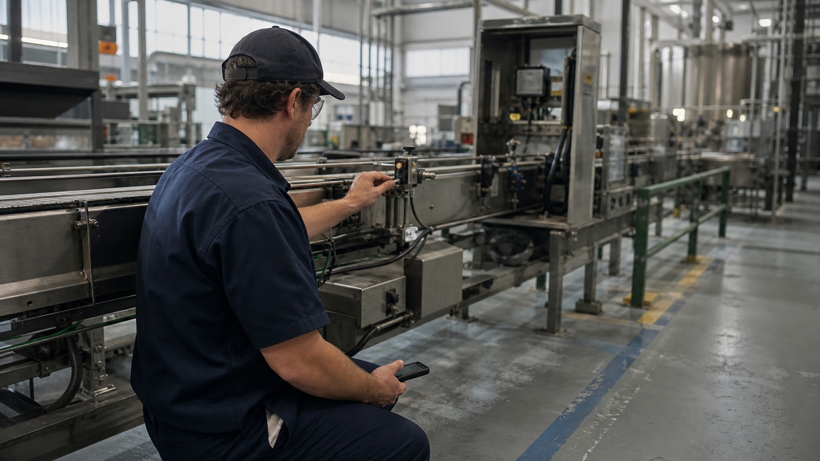 Young technician following guidance on a phone at the machine